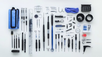 A collection of precision tools laid out on a white background.