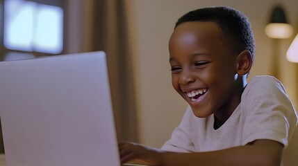 Smiling African American boy enjoying a laptop in a cozy home setting.