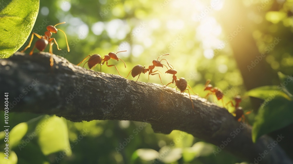 Poster a line of red ants walking on a tree branch with sun shining in the background.