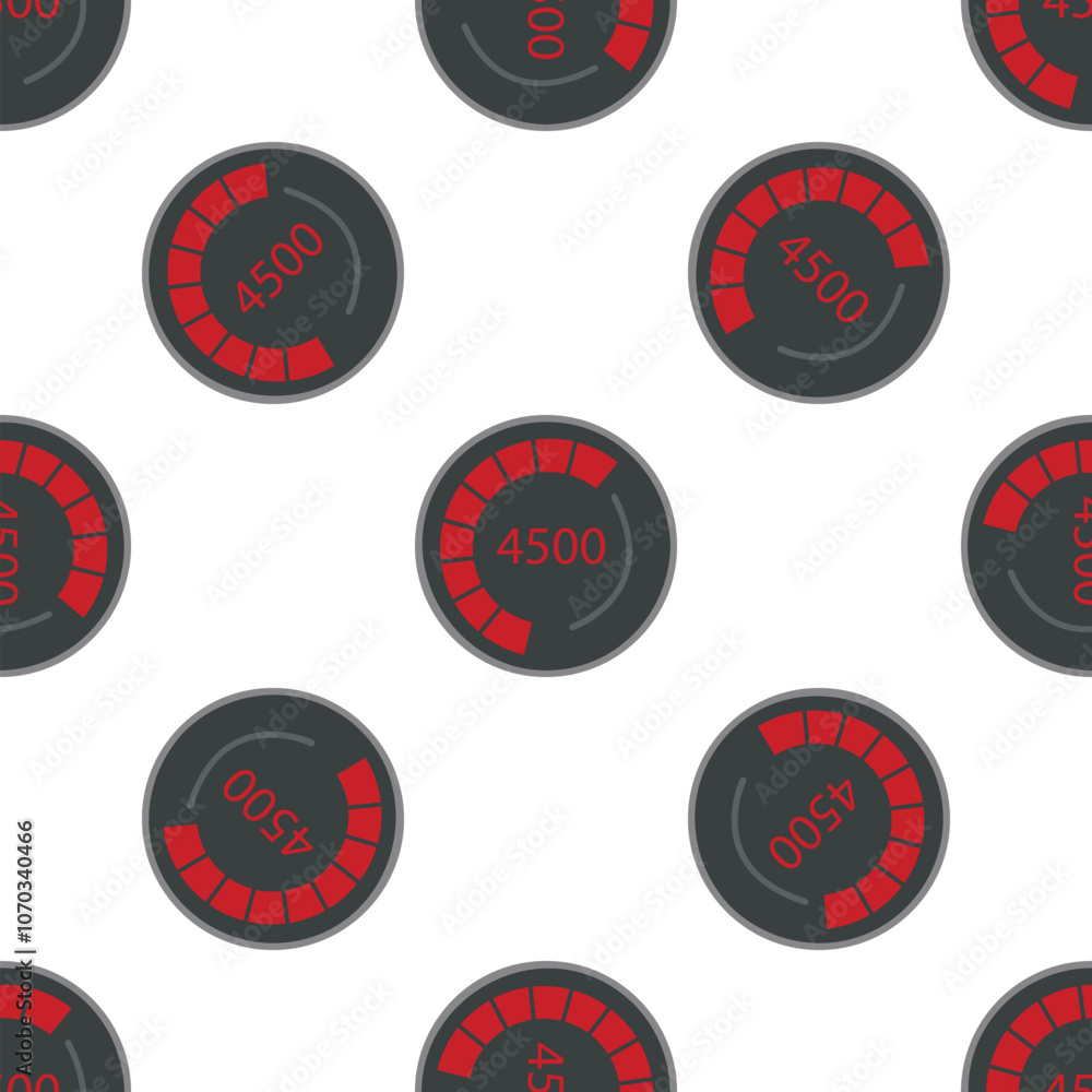 Poster seamless pattern of round speedometers with red indicators showing 4500 revolutions per minute on wh