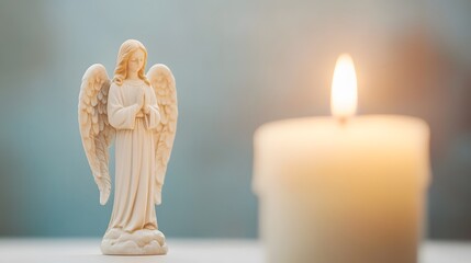 Candle Burning Beside a Holy Card - Close-Up of a Sacred Moment of Devotion and Reflection