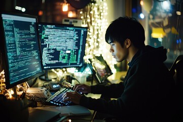 Young man coding at night in a dimly lit room with dual monitors displaying complex data and programming language. Generative AI