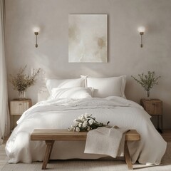 A white bed with a white comforter and pillows