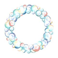 Rainbow soap bubbles. Round frame from bath foam. Hand drawn watercolor illustration isolated. Wreath with copy space. Summer toys for kids joy. Template for card, babies print, cosmetic, detergents.