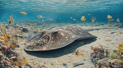 Fototapeta premium Majestic Stingray Among Coral Reefs in Clear Waters