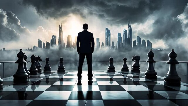 Man Standing on Chessboard Facing City Skyline Strategy