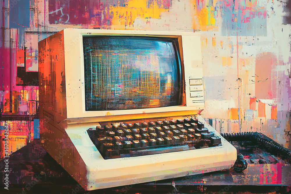 Fototapete a vibrant painting of a vintage computer with a crt monitor displaying digital graphics on a colorfu