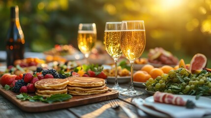 A table set for a summer picnic with champagne, fruit, and pancakes in the garden.