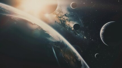 Obraz premium A display of various celestial bodies in a galaxy, Nebula and galaxies in space. Abstract cosmos background