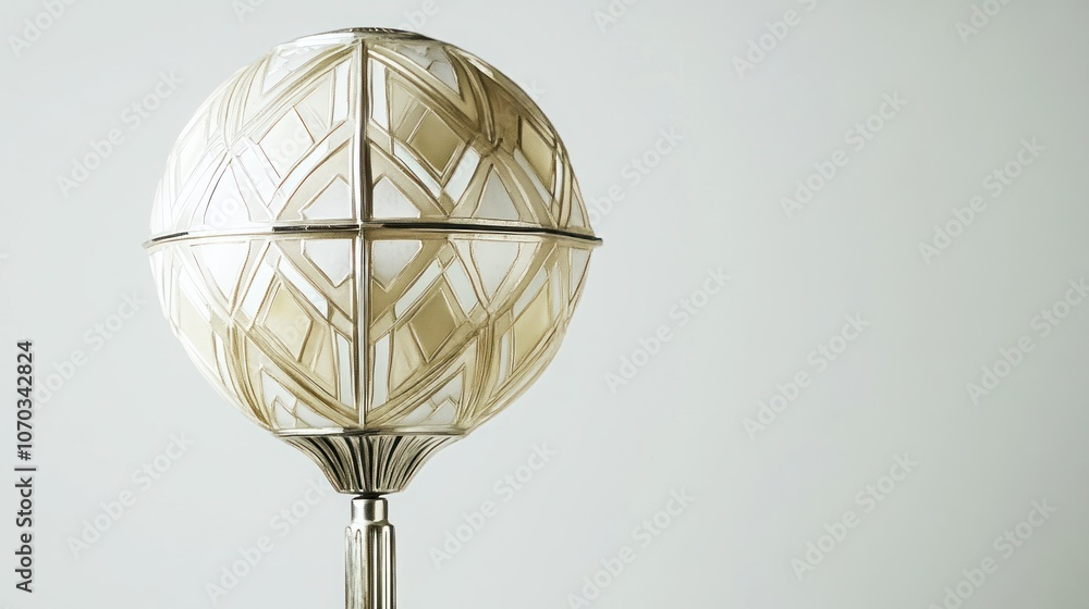 Poster a spherical lamp with a geometric pattern on the shade sits against a white background.