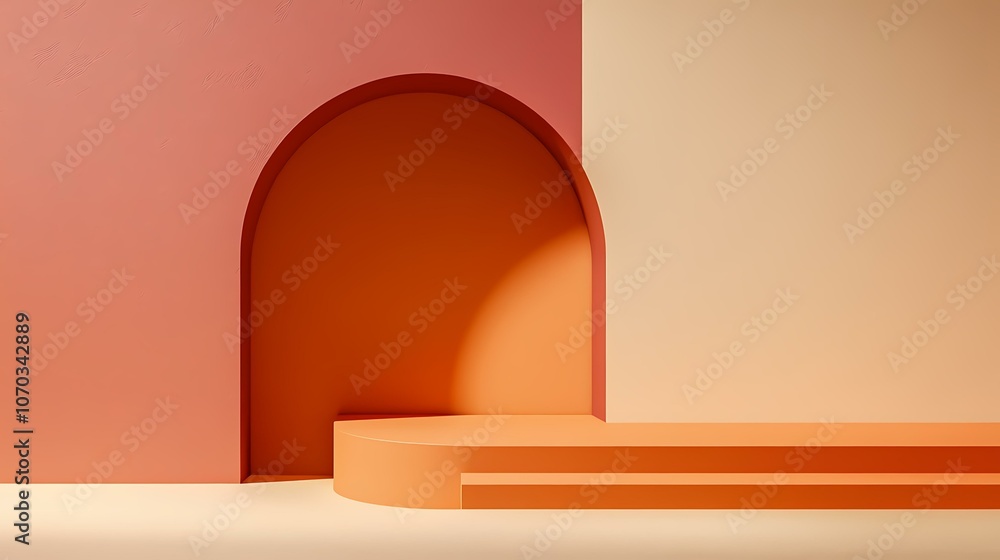 Poster a minimal, abstract product display with a two-step platform that is a vibrant orange against a back