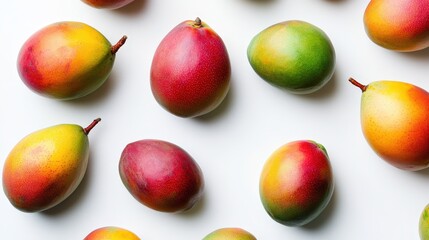 A group of ripe mangoes is scattered across a clean white background