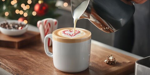 A cozy holiday scene featuring a cup of coffee with heart-shaped latte art, surrounded by festive decor and a candy cane.