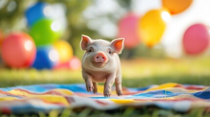 A cute little piglet leaps in the air, celebrating a party with colorful balloons in the background.