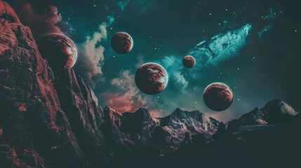 Fototapeta premium A display of various celestial bodies in a galaxy, Nebula and galaxies in space. Abstract cosmos background