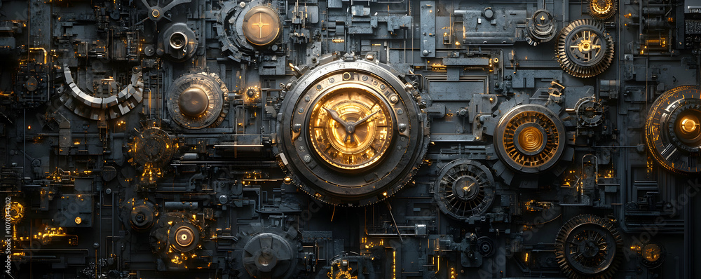 Poster 3d rendered abstract steampunk clockwork background with glowing details