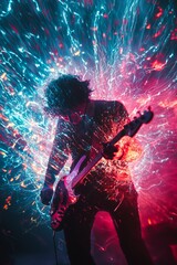Obraz premium Bassist captured mid-performance surrounded by a burst of electrifying blues and reds, evoking vibrant energy.