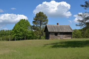 Obraz premium Charming wooden cabin surrounded by green trees under blue sky.