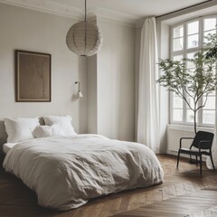 A bed with a lamp hanging above it