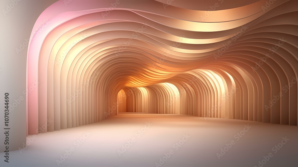 Poster the image is a digital rendering of an abstract tunnel composed of curved, layered panels in warm, p