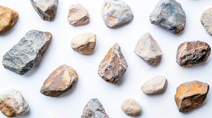 A mix of rounded and jagged rocks is scattered across a white background.