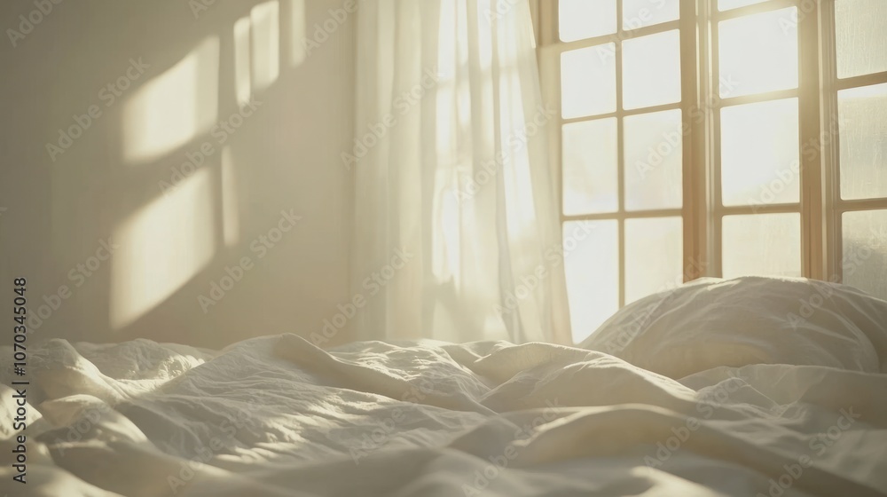 Poster sunlight streams through a window and onto a bed with white linens.