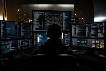 Hacker working at desk with multiple monitors in dim room.