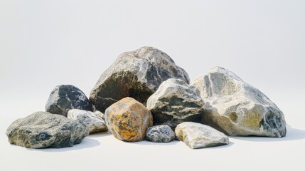 Naklejka premium A mix of small and large rocks is placed on a white background, their textures and colors subtly standing out against the clean backdrop