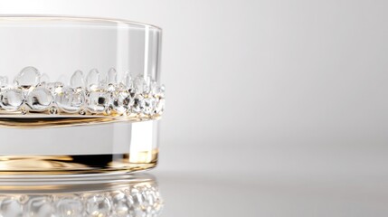 Close-up of a clear glass with a textured, bubble-like design around the rim, with a gold bottom and reflection on a white surface.