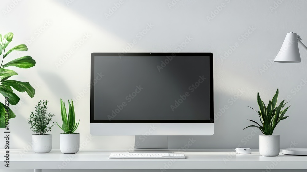 Poster a modern all-in-one computer is placed on a crisp white background, its sleek lines and integrated f