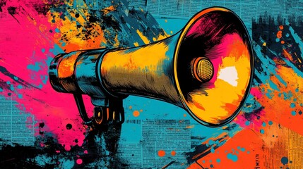 A colorful illustration of a megaphone with paint splatters on a newspaper background.