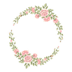 Roses flowers with green leaves. Spring wreath round frame. Hand drawn watercolor illustration isolated. Clipart of garden plant. Template with copy space for invitation, card, wedding, Valentines Day