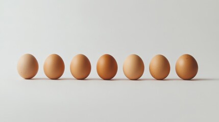 A neat row of chicken eggs rests on a bright white background