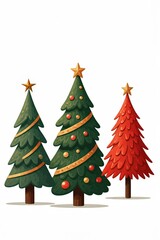 Drei gezeichnete Weihnachtsb&auml;ume mit bunten Kugeln, Lichterketten und goldenen Sternen auf den Spitzen vor einem wei&szlig;en Hintergrund. Generative KI.