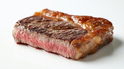 A perfectly cooked steak, its exterior browned and crispy, is placed on a white background.