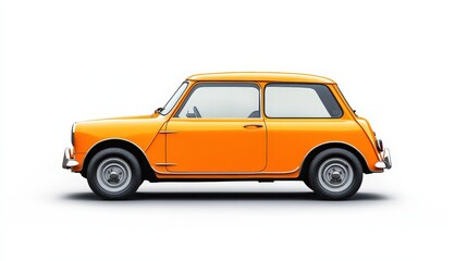 A retro-style Mini Cooper, painted in bright orange, stands out vibrantly against a smooth white background.