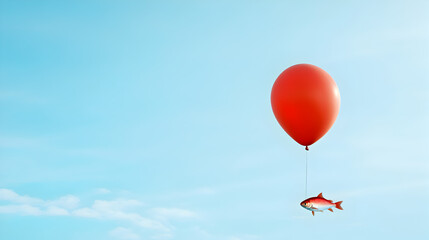 A single balloon with a fish swimming inside, floating toward the sky.



