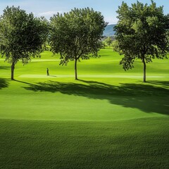Fototapeta premium Scenic View of a Golf Course with Lush Green Fairways Trees and a Golf Cart Under a Blue Sky