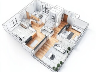 A 3D model of a house with a living room, kitchen, and bedroom