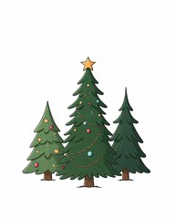 Minimalistische Weihnachtskarte mit drei geschm&uuml;ckten Tannenb&auml;umen, verziert mit Girlanden, Kugeln und Sternen, auf wei&szlig;em Hintergrund mit gro&szlig;z&uuml;gigem Textfreiraum. Schlicht und elegant. Generative KI