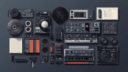 Fototapeta premium Vintage audio equipment and recording studio flat lay with retro tech elements.