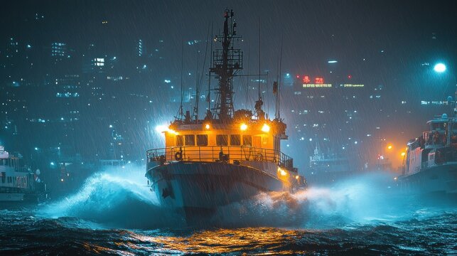 A tugboat navigates rough waters in front of a city skyline at night.