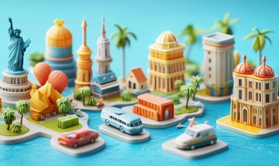 Obraz premium Collection of Travel Tourism 3d icon, Trip Planning World Tour. Holiday Vacation, Travel and Transport concept