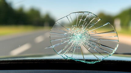 Car&rsquo;s windshield with a visible jagged crack, highlighting the need for repair or replacement, set against a blurred urban background for context