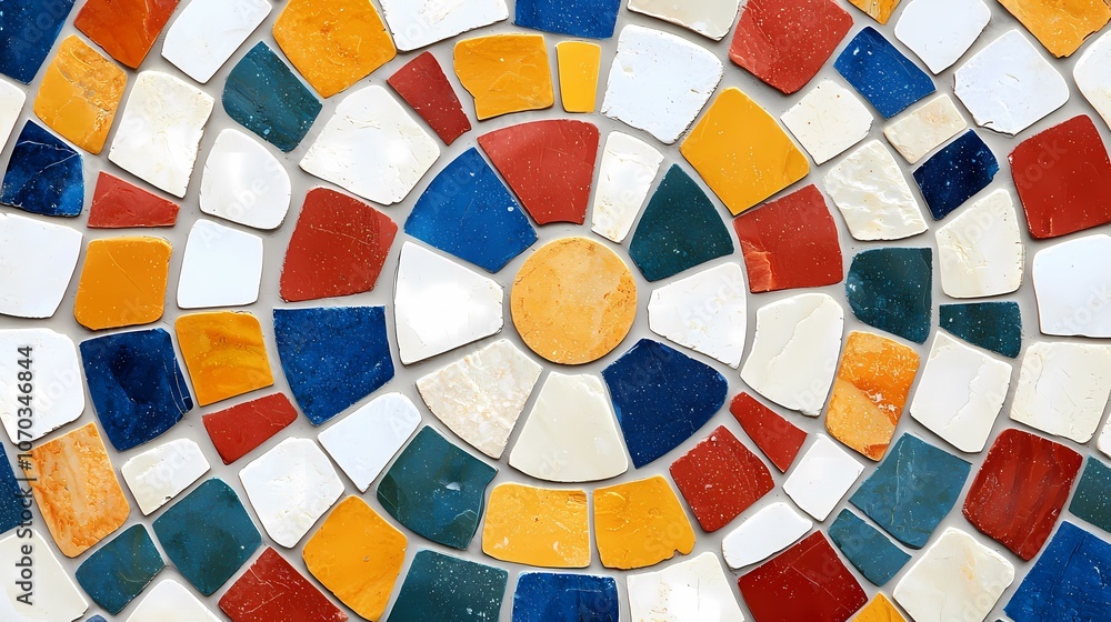 Poster a colorful mosaic pattern of red, blue, yellow, and white tiles forms a circular pattern.