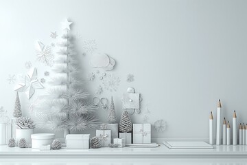 Decorative white Christmas tree crafted from paper in quilling style with festive ornaments, stationery materials and gifts. Christmas and New Year greetings from the stationery store. With copy space