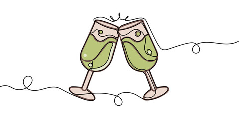 Hand drawn hands hold wine clinking glasses one line art,continuous drawing contour.Cheers toast festive decoration for holidays,romantic Valentine's Day design.Editable stroke. Isolated.VectorWeb