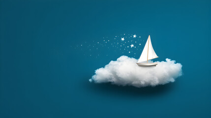 Fototapeta premium A tiny sailboat floating on a cloud, the sail catching minimalist stars.
