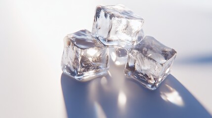 A small cluster of ice cubes, pristine and clear, lies on a white background.