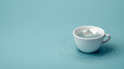 A paper boat floating in a minimalist coffee cup, tiny ripples forming.


